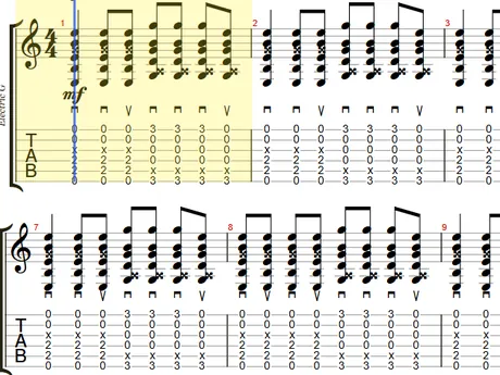 Capture d'écran du lecteur de tablatures Guitar Pro dans IzyRoutine